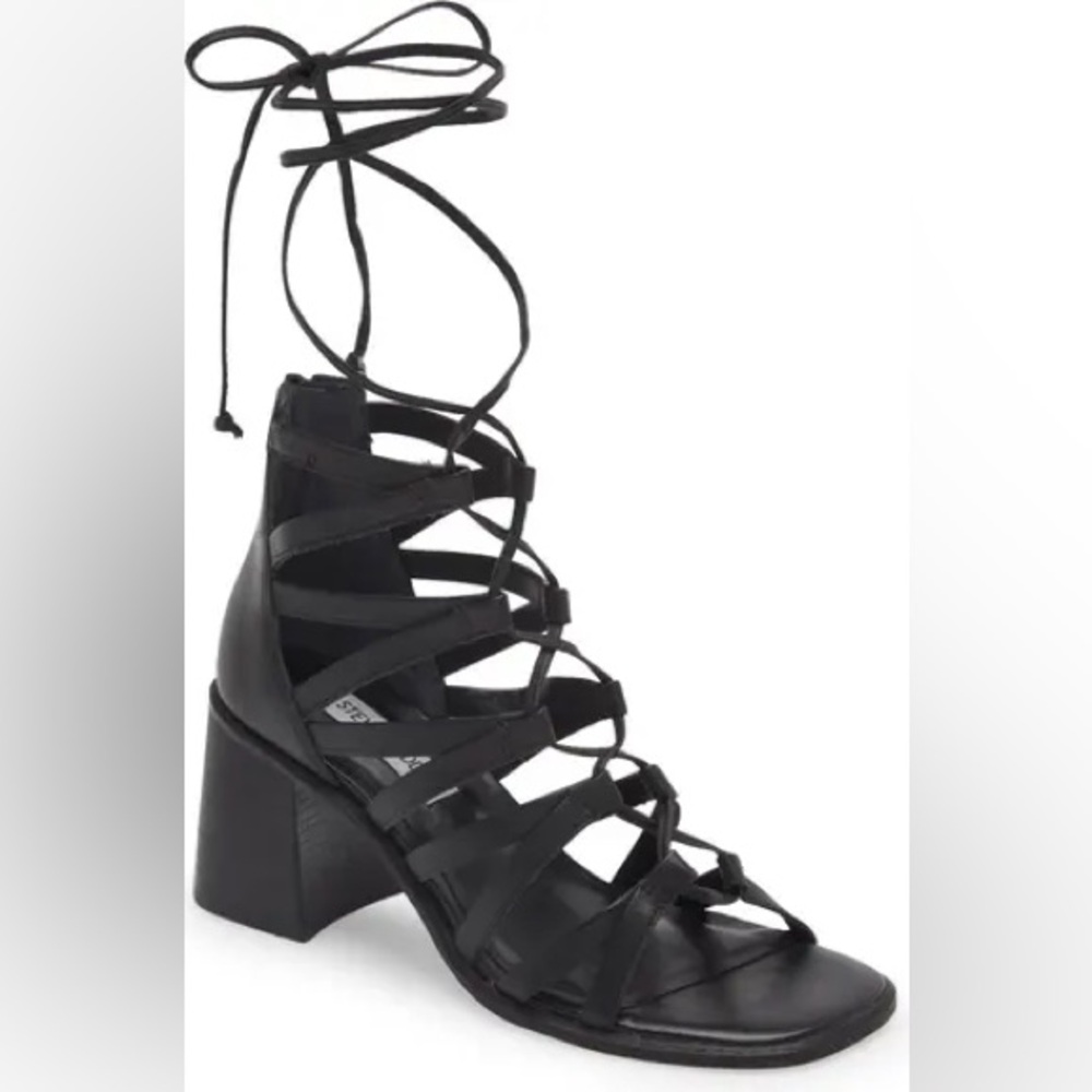 New Steve Madden Black Leather Cherrie Strappy Sandals